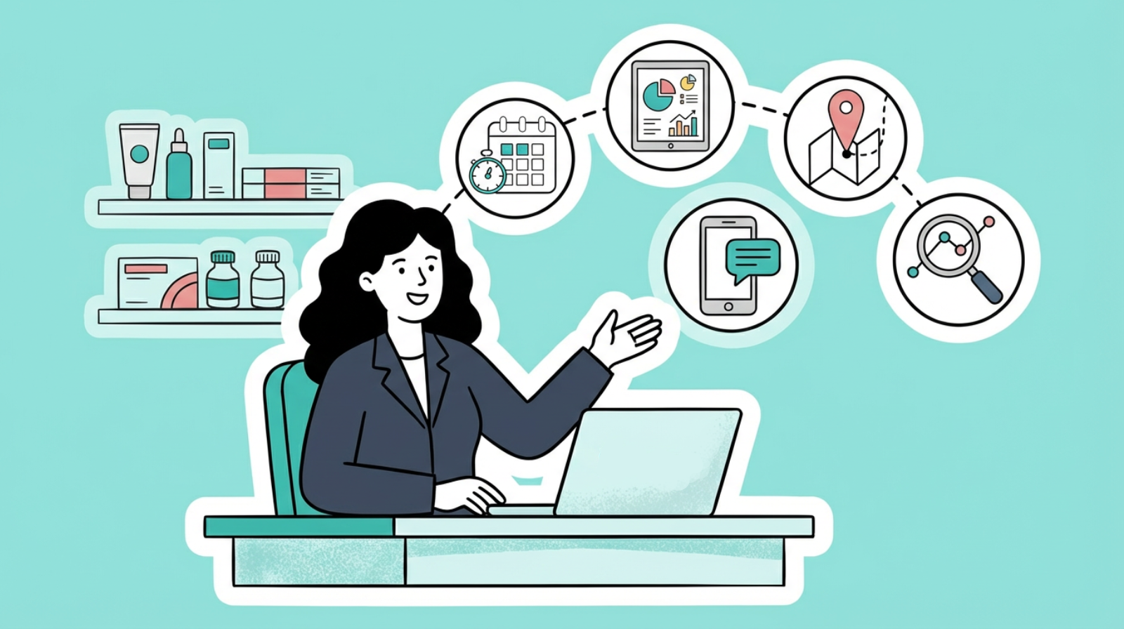 تصویر شماتیک نرم‌افزار مدیریت ویزیت علمی سایه: زنی در حال کار با لپ‌تاپ که اطراف او حلقه‌های اطلاعاتی شامل تقویم، گزارش‌دهی تحلیلی، مسیریابی، ارتباط موبایلی، و جستجوی داده‌ها قرار دارند. این تصویر نشان‌دهنده ابزارهای یک CRM تخصصی برای صنعت دارویی و آرایشی-بهداشتی است.