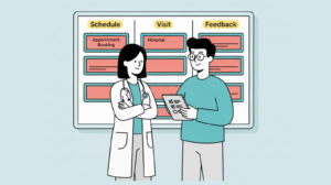 نماینده علمی در حال ویزیت پزشک با تبلت برای ثبت در نرم افزار مدیریت ویزیت علمی